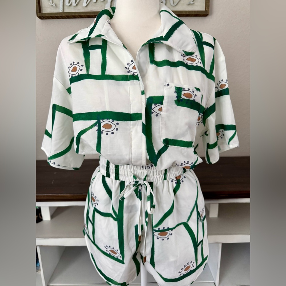 New Commense Short Top 2 Piece Set Drawstring Vacation Outfit Women's Size S Q - Picture 2 of 11